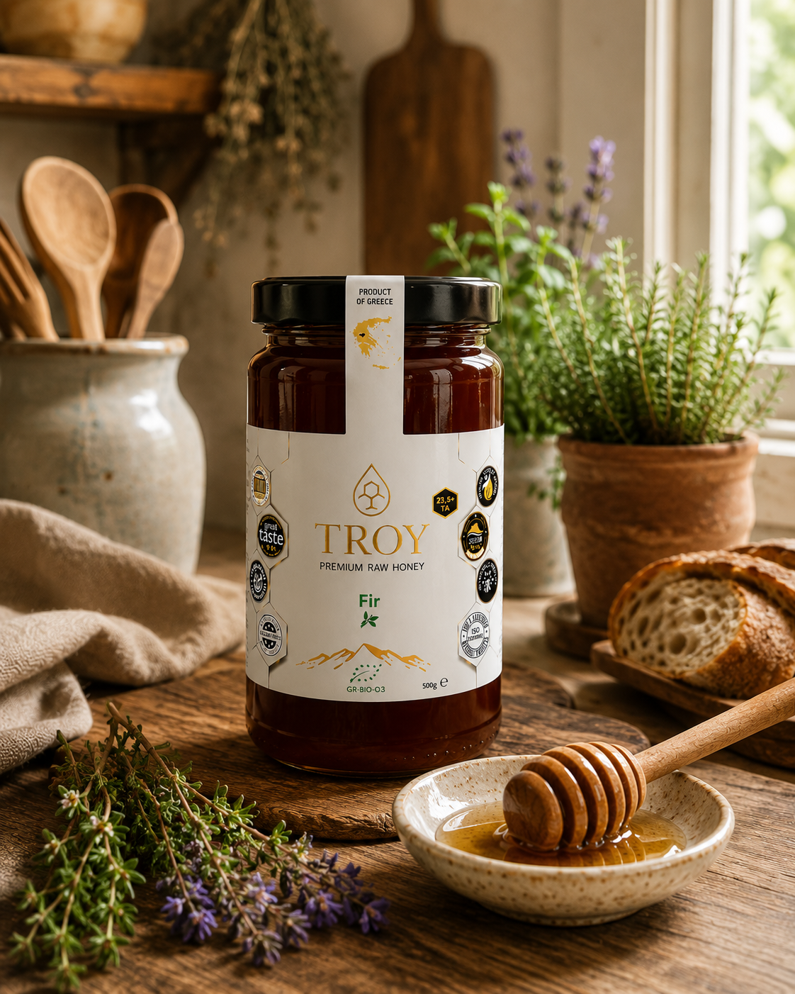 Troy Greek Raw Honey jar displayed in a rustic kitchen with natural ingredients and warm Mediterranean styling.