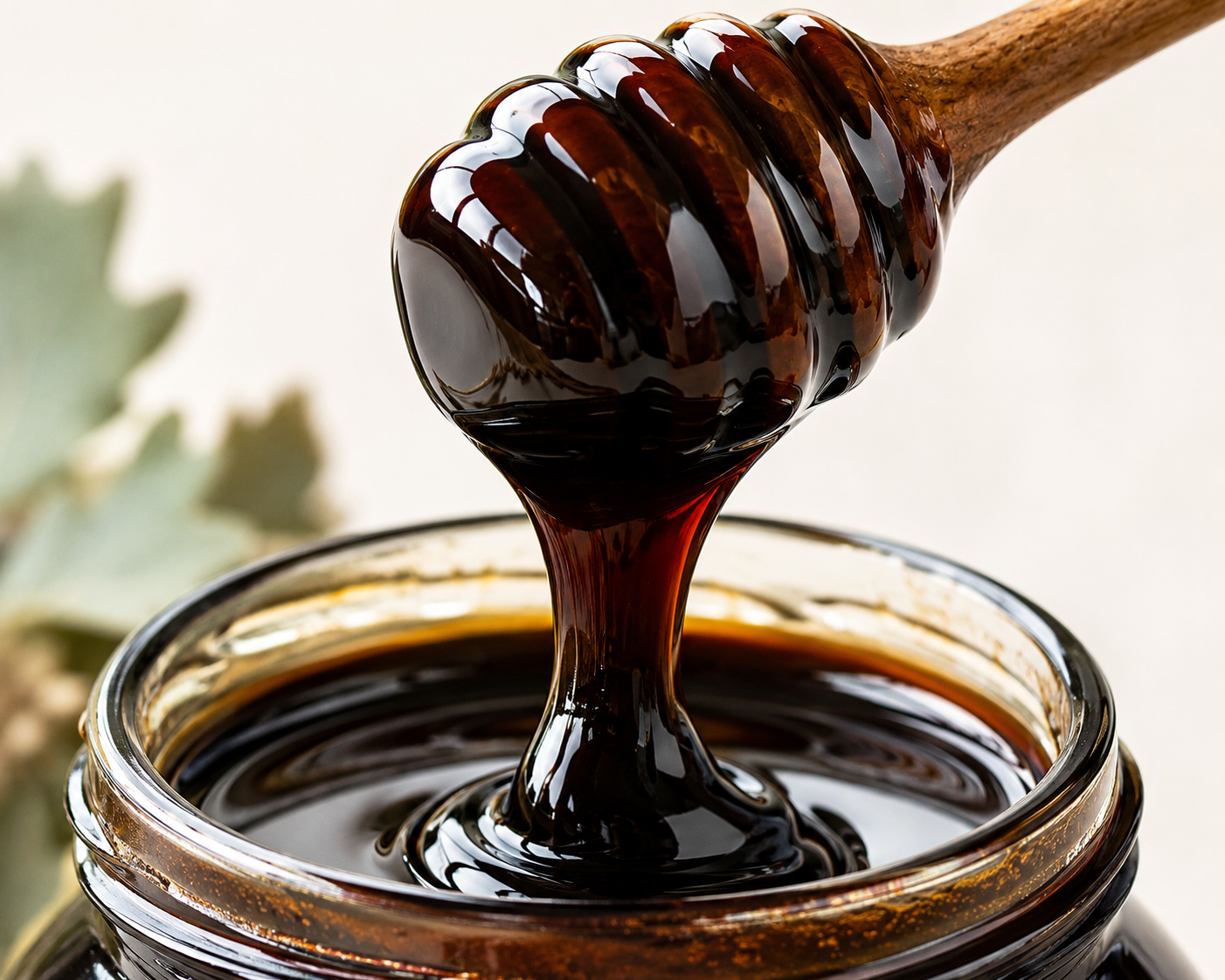 Dark Greek oak honey showing deep amber-black colour — the result of exceptionally high polyphenol and phenolic compound content, independently verified at 203.75 mg GAE per 100g