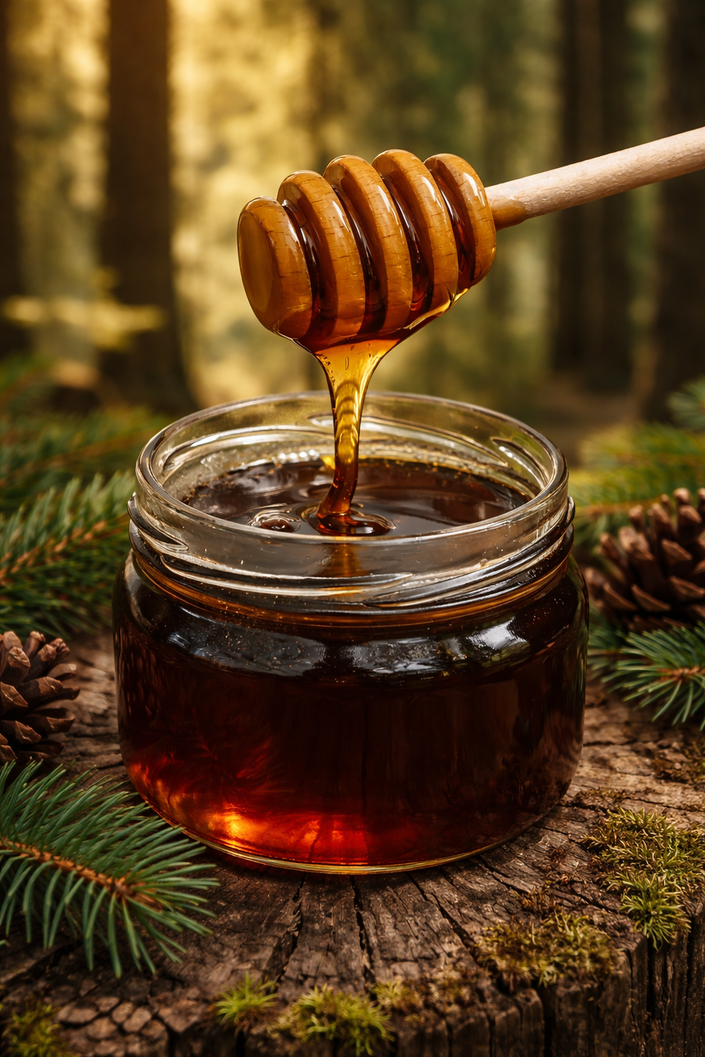 Dark amber Greek fir honey — Tannenhonig harvested from the UNESCO-protected Agrafa Mountains, lab-verified 23.5+ Total Activity