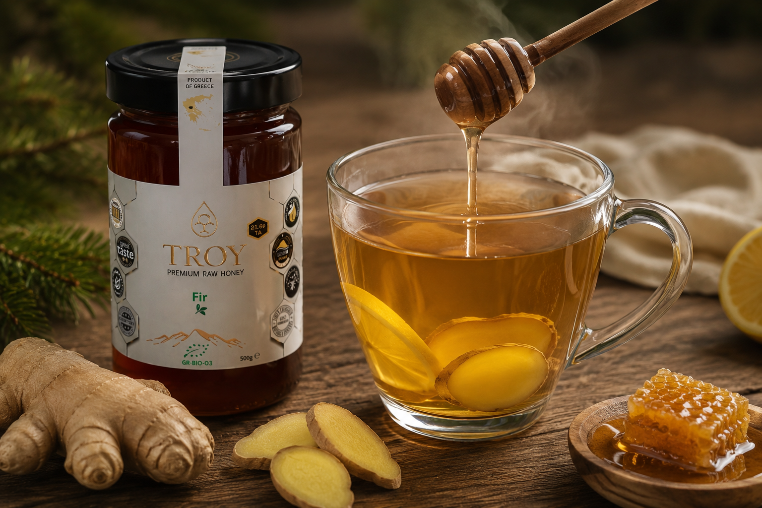 Herbal tea with ginger sweetened using Troy Greek Raw Honey in a warm wellness setting.
