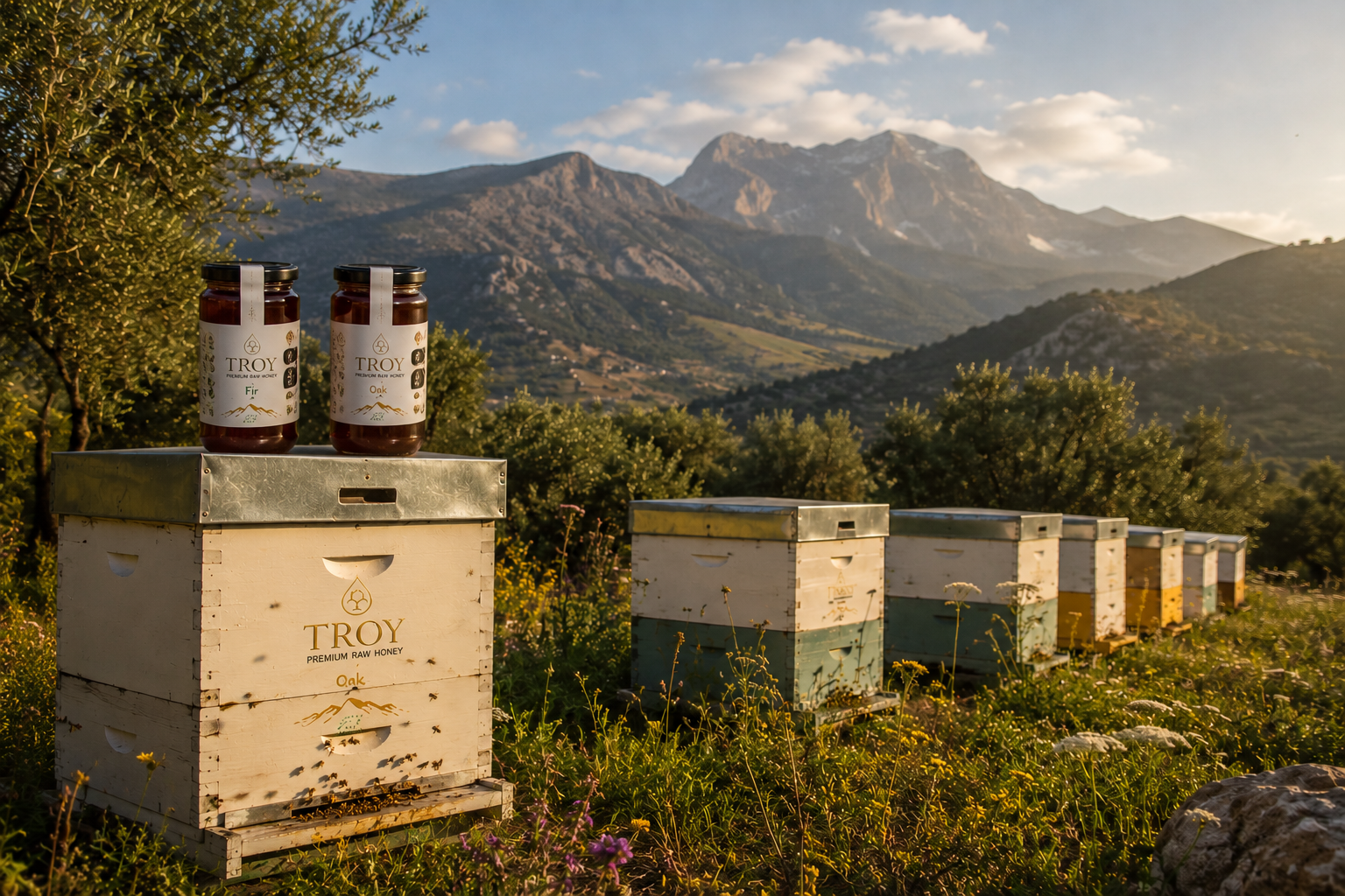 Mountain apiary with traditional beehives used to produce Troy Greek Raw Honey in Greece.
