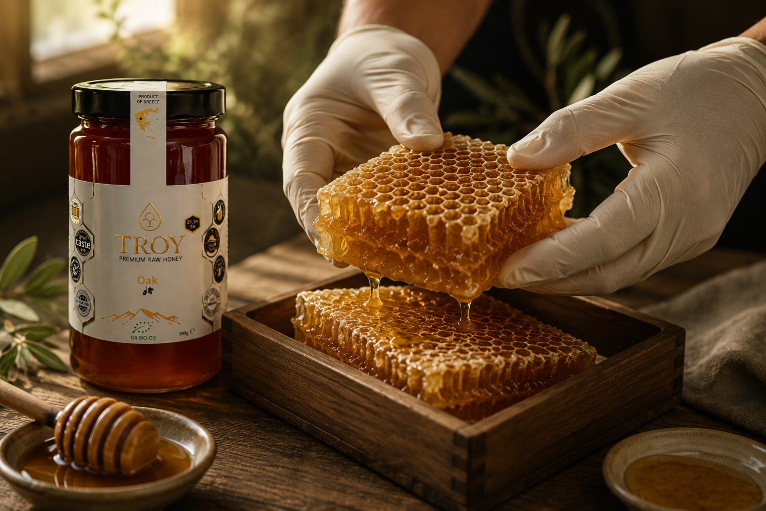 Fresh honeycomb carefully handled during the harvesting process for Troy Greek Raw Honey.