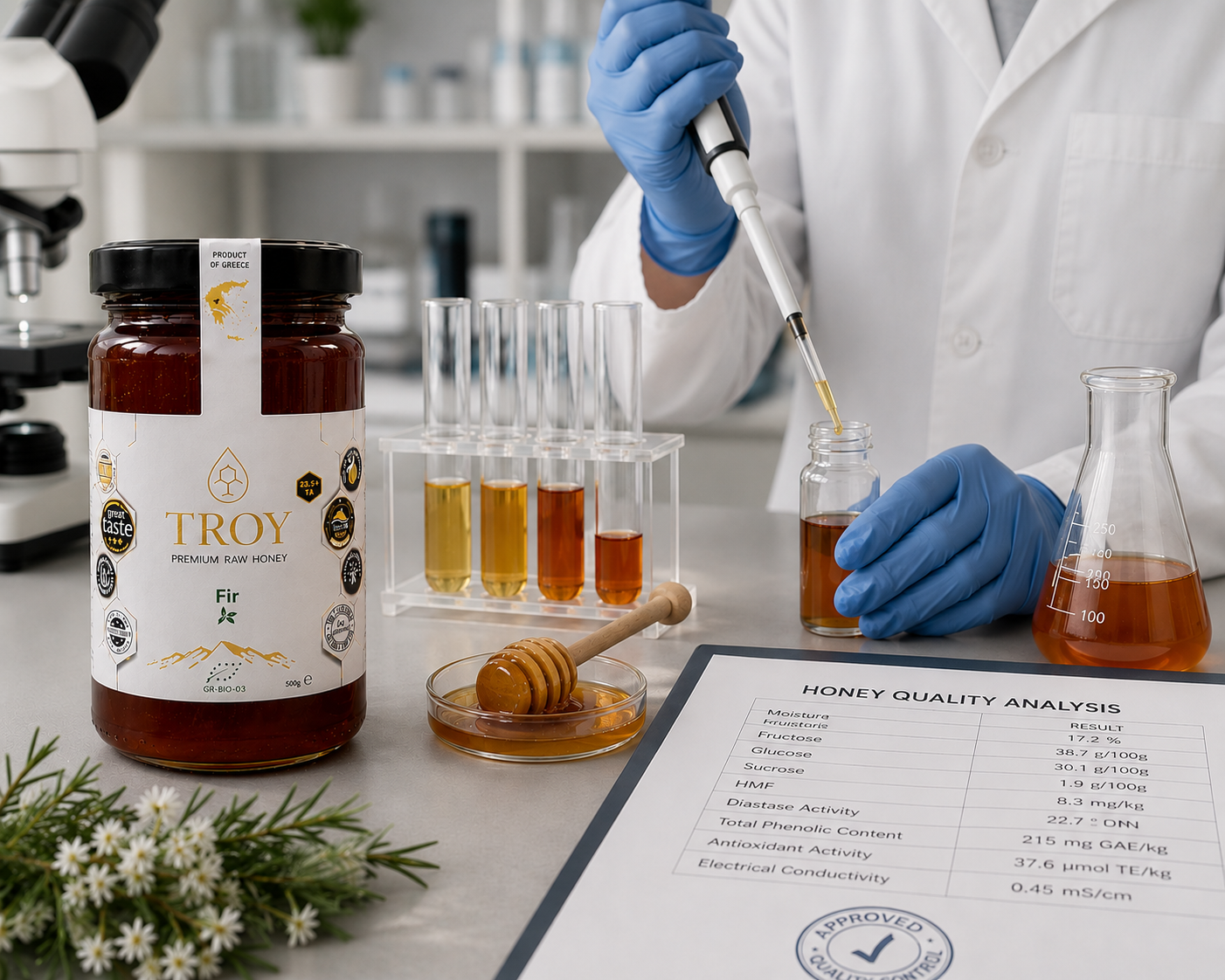 Laboratory testing and quality analysis of Troy Greek Raw Honey Oak Honey to verify purity and authenticity.