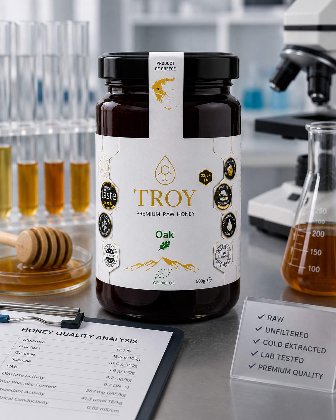 Troy Greek Raw Honey Oak Honey undergoing laboratory testing for quality, mineral content and purity verification.