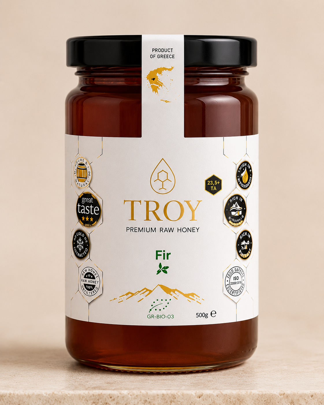 Troy Greek Raw Honey Fir Honey 500g jar on a clean studio background showcasing premium Greek forest honey.