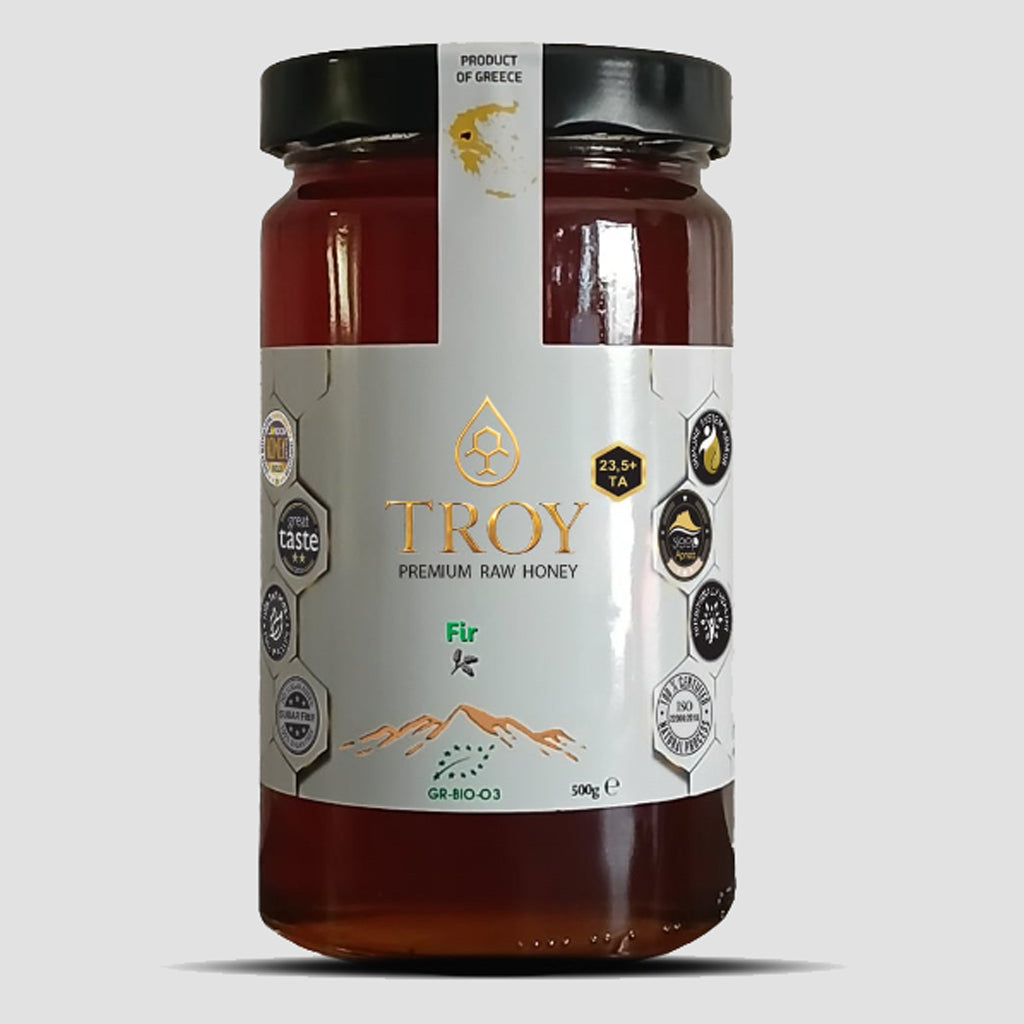 Jar of Troy Greek Raw Honey Fir variety — independently verified at 23.5 Total Activity for sore throat and immune support