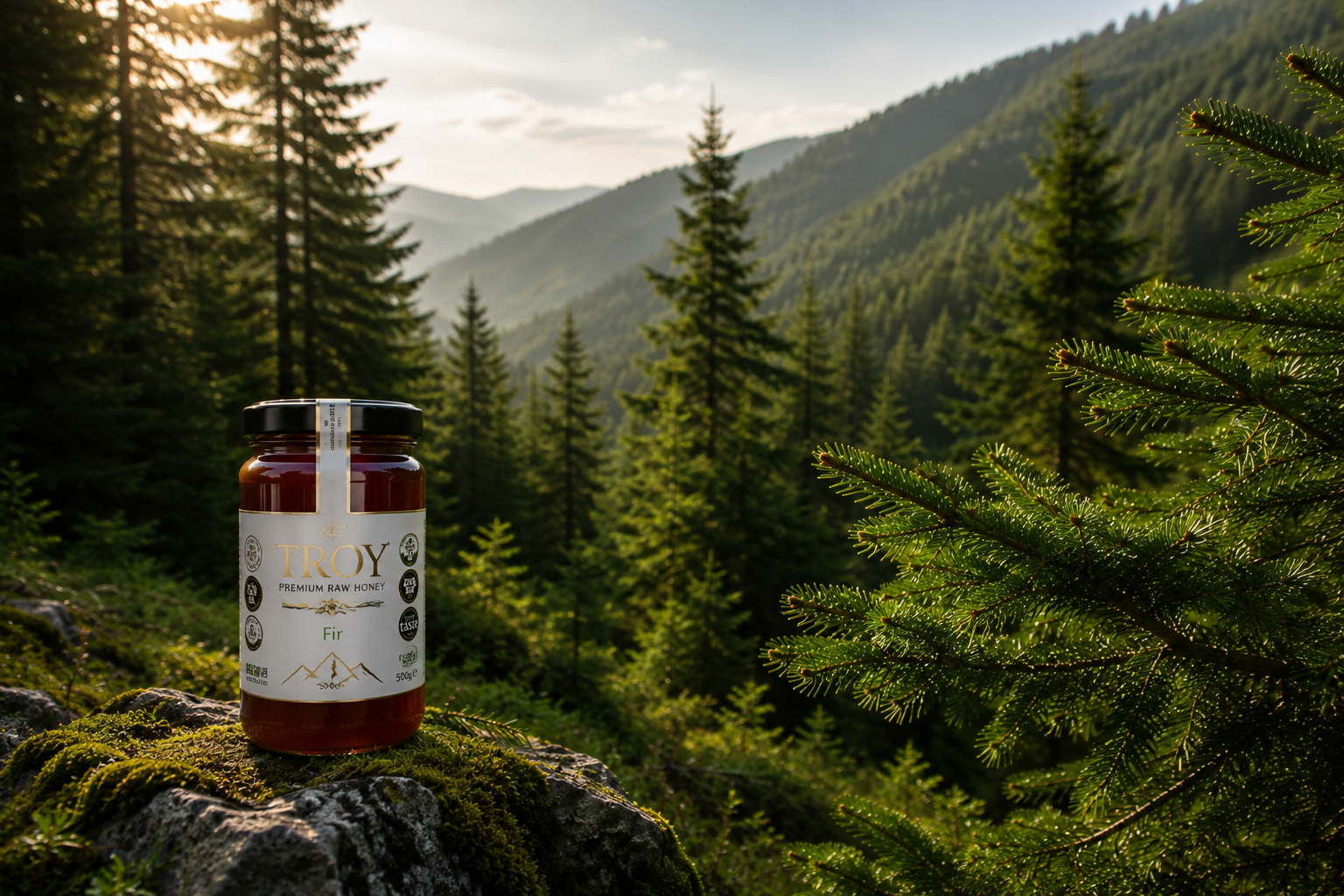 Troy Greek Raw Honey Fir Honey jars displayed in a natural Greek fir forest surrounded by woodland scenery.