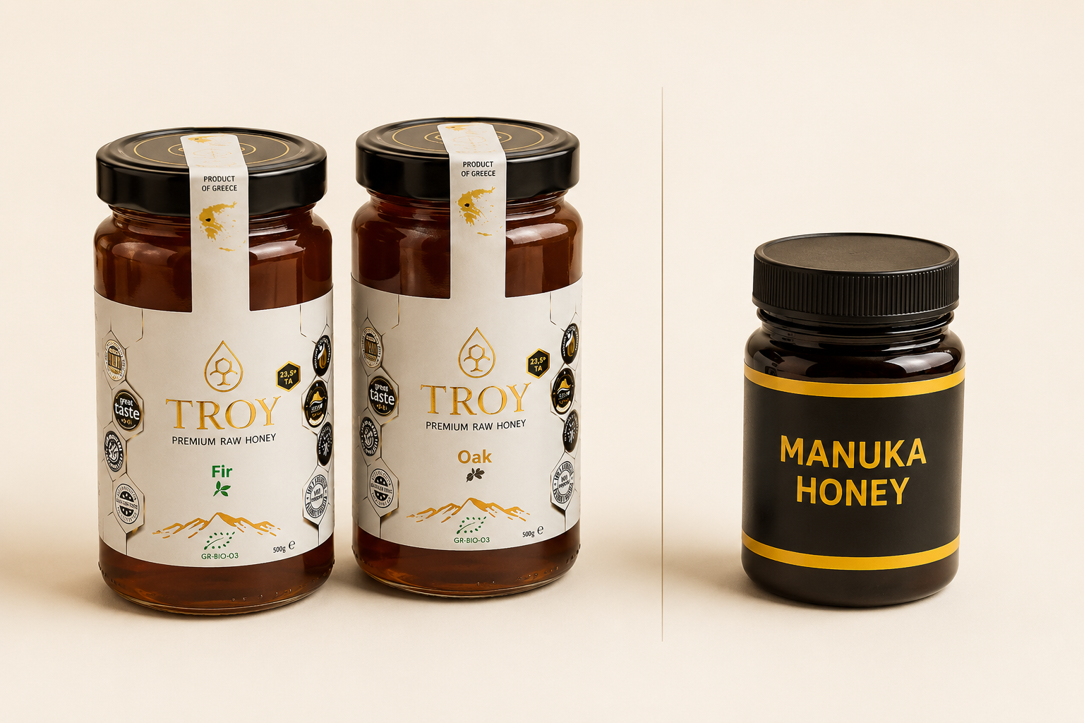 Comparison of Troy Greek Raw Honey varieties alongside a generic Manuka honey jar.