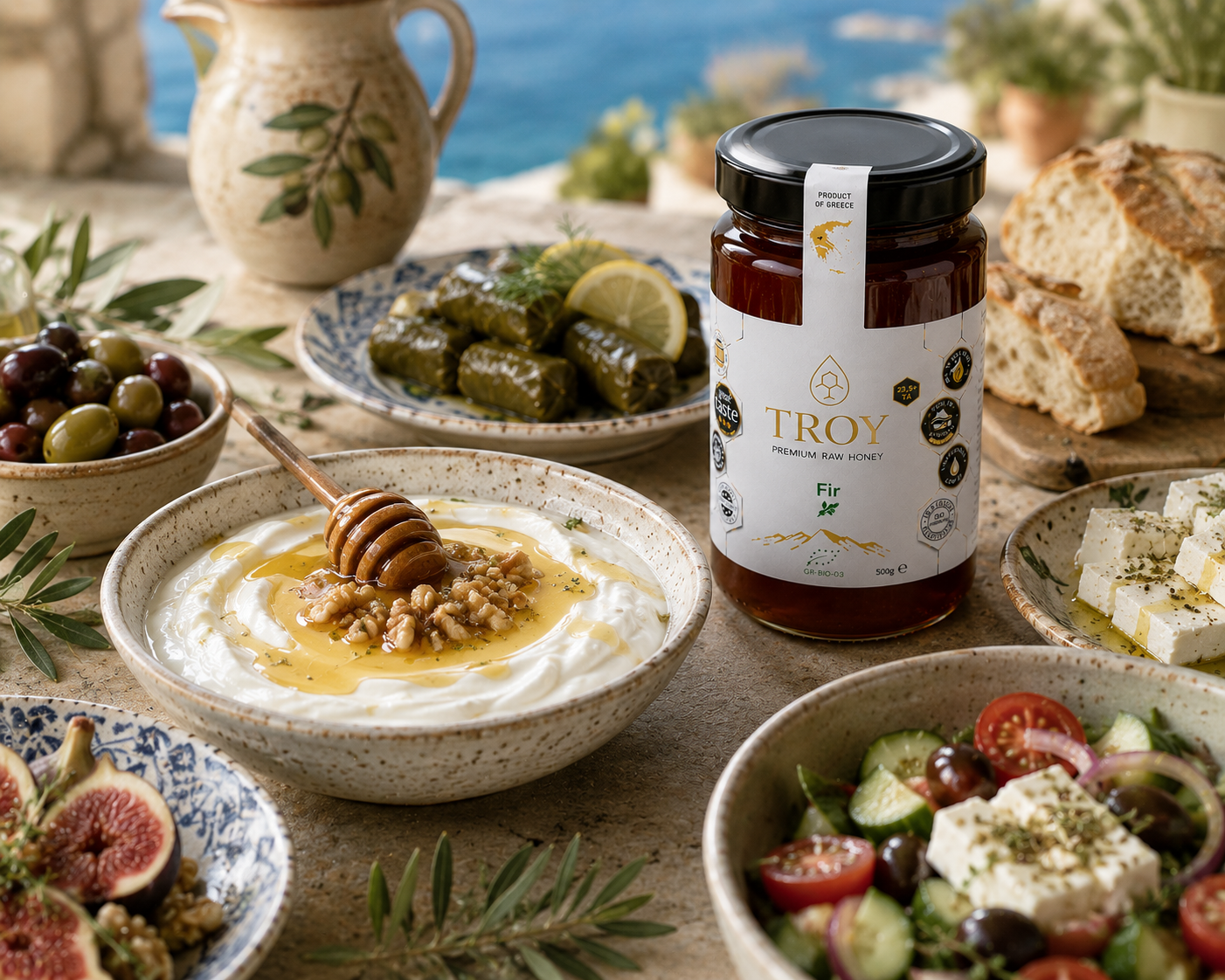 Greek yogurt with walnuts and Troy Greek Raw Honey Fir Honey in a traditional Mediterranean breakfast spread.