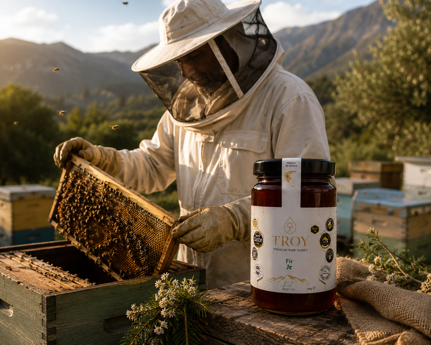 Beekeeper inspecting honeycomb frames beside Troy Greek Raw Honey Fir Honey in a mountain apiary.