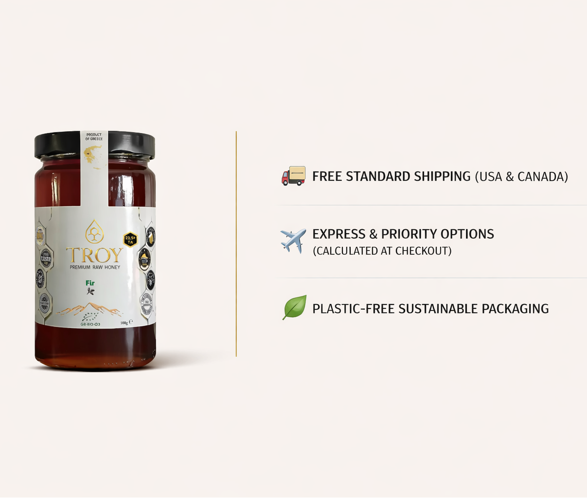 Jar of honey with Troy branding on a white background, featuring shipping and packaging information.