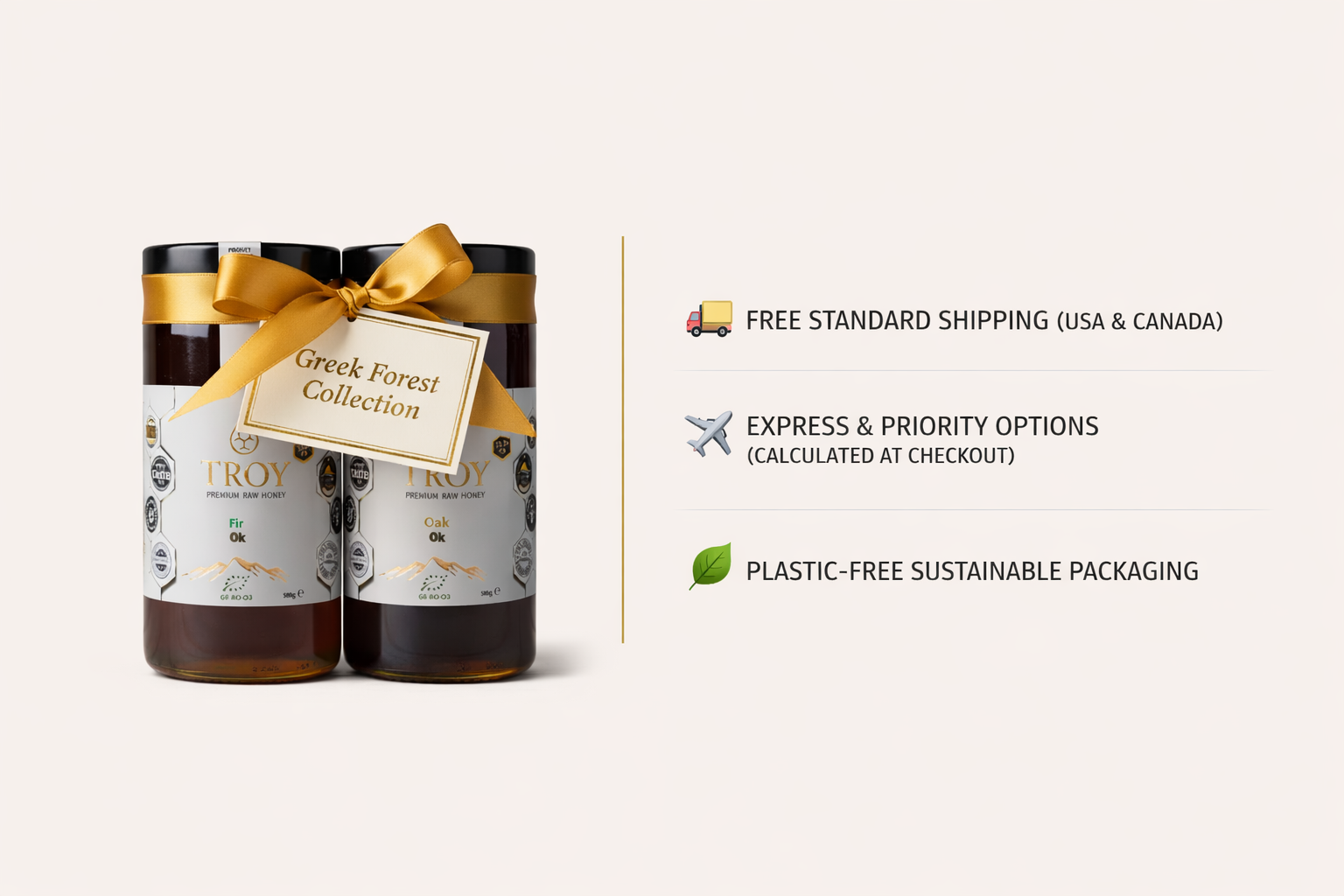 Two bottles of Greek Forest Collection with a gold bow on a white background, featuring text about shipping options and packaging.