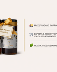 Two bottles of Greek Forest Collection with a gold bow on a white background, featuring text about shipping options and packaging.