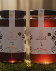 Two jars of Troy Greek fir and oak forest honey with sunlight passing through