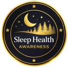 Sleep Health Awareness logo with moon, stars, and trees on a dark background